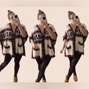 Forever 21 Cream Knit Poncho with Red Accents and hood